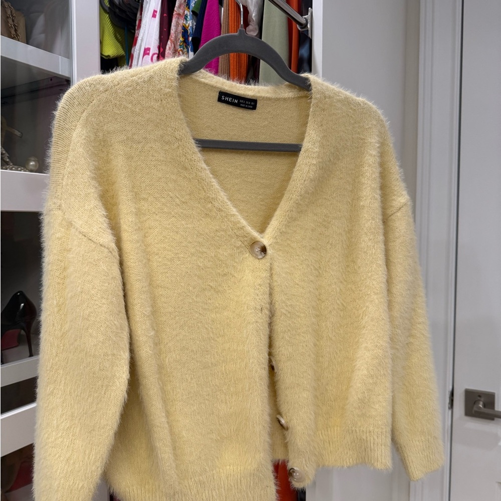 SHEIN Yellow Cardigan Sweater with V-neck and Soft Texture